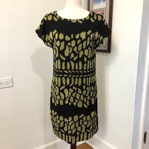 Misook Black Green Knit Sheath Dress PSmall Abstract Print Stretch Chic Designer